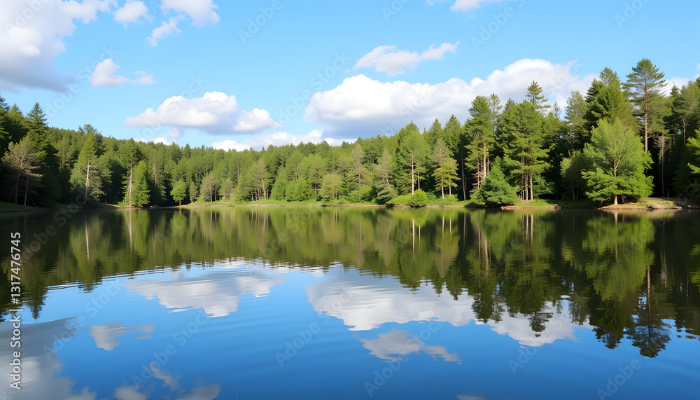 Scenic lake with reflections of green trees and blue sky Scenic lake with reflections of green trees and blue sky