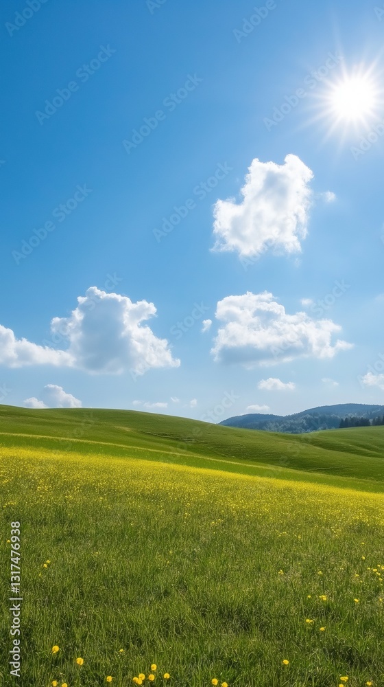 Obraz premium A field of yellow flowers with a blue sky in the background. The sun is shining brightly, creating a warm and inviting atmosphere