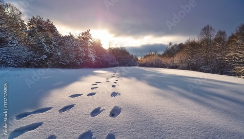 Estampa de invierno con huellas en la nieve, clima frío photo