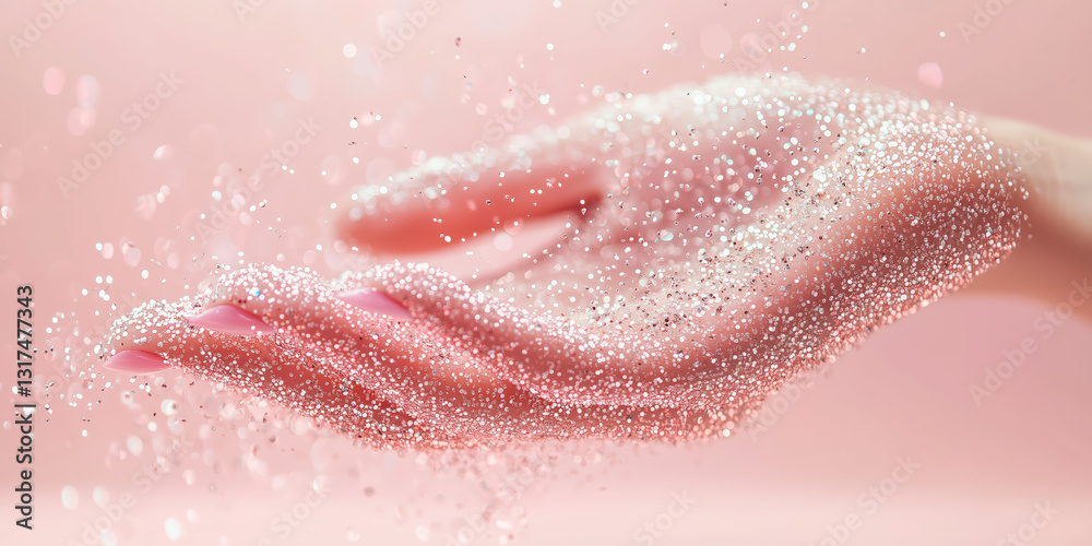 Fototapeta premium Close Up Of A Hand Catching Sparkling Glitter Against A Soft Pink Background