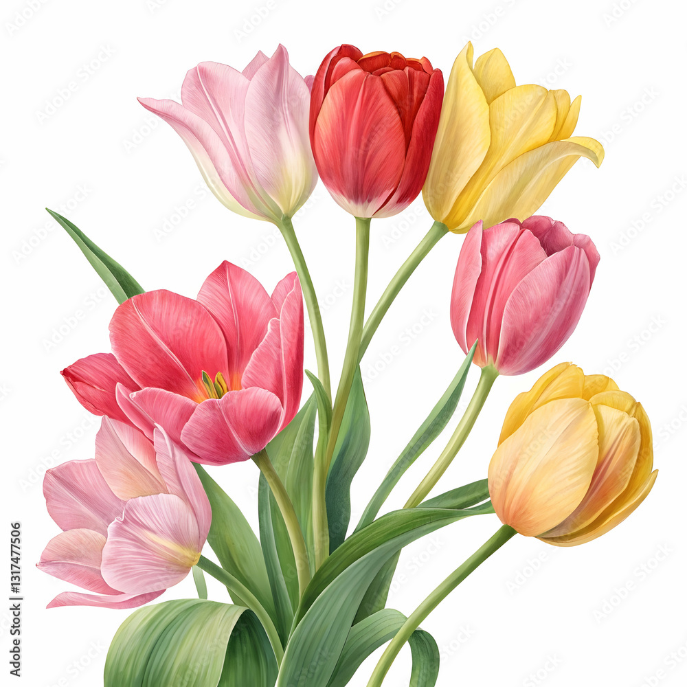 A painting of tulips with leaves and leaves A painting of tulips with leaves and leaves