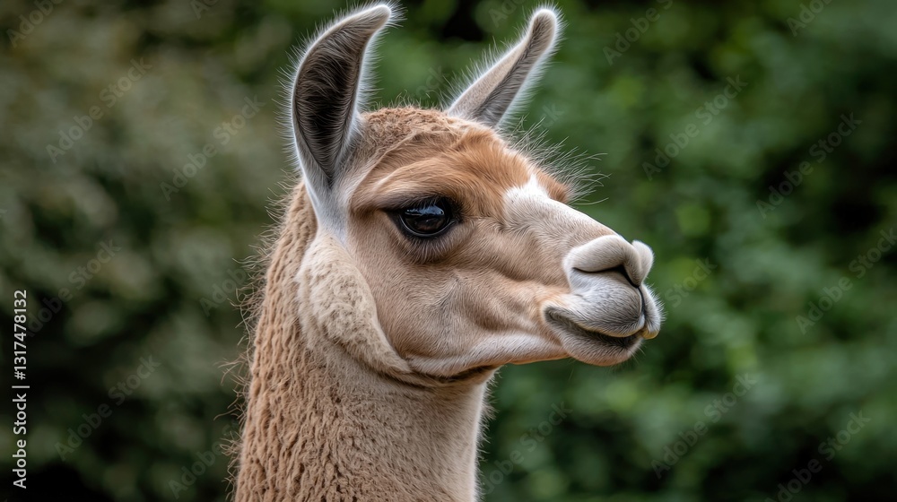 Obraz premium Llama portrait with tan and white fur against a blurred green background