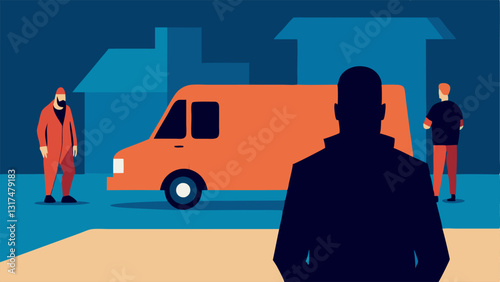 Suious Activity A scene showing the suspect looking back toward the van which is strategically parked while the officers inside remain calm and focused.