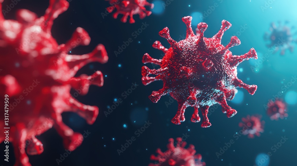 Realistic 3D Rendered Close-Up of Virus Particles Under Microbial Light with Detail Textures Realistic 3D Rendered Close-Up of Virus Particles Under Microbial Light with Detail Textures