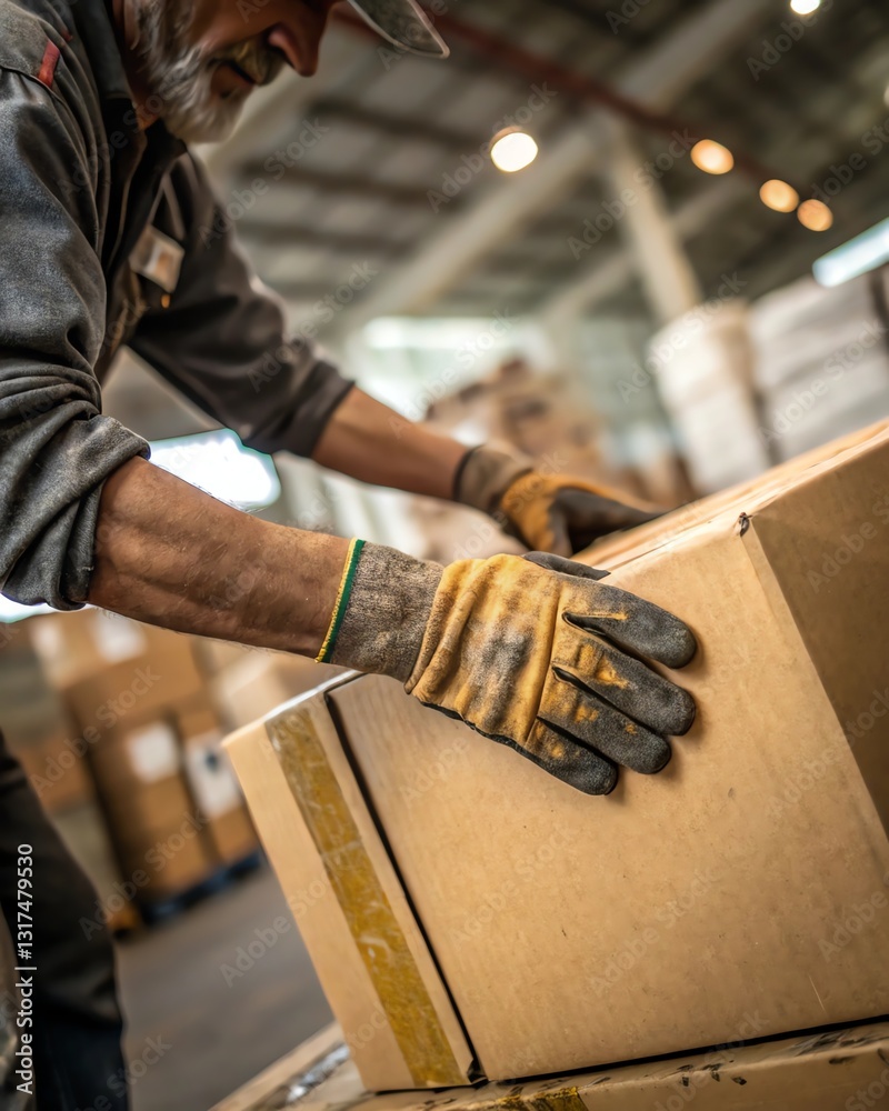 Worker handling a cardboard box in a warehouse setting, showcasing logistics and manual labor.