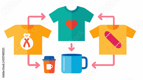 Fundraising Merchandise An illustration of various charity merchandise like tshirts mugs and wristbands being sold with arrows pointing to a crowdfunding campaign link.