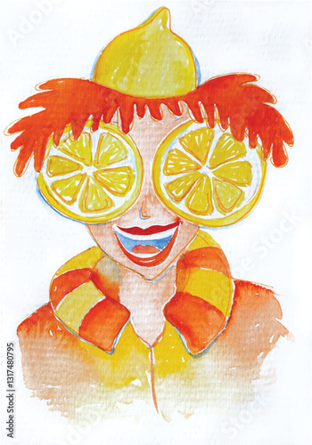 Watercolor hand drawn vector portrait of a cheerful, joyful and a little crazy red-haired smiling girl with lemon slices as sunglasses and a half lemon as a hat. Yellow and orange bright happy colors.