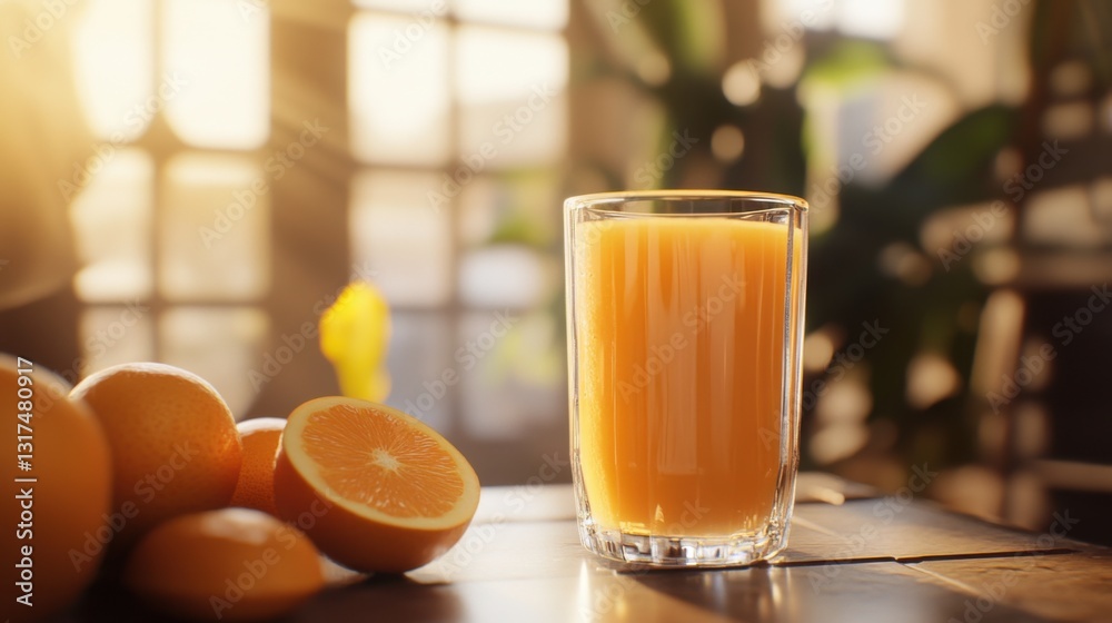 A glass of fresh orange juice on the table, sunlight shines through the window and illuminates it A glass of fresh orange juice on the table, sunlight shines through the window and illuminates it