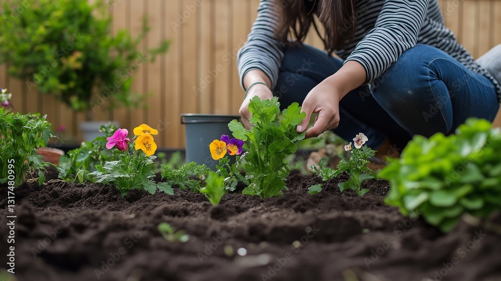 Fototapeta premium Young woman gardening and planting seedlings in rich, fertile soil on a bright, sunny spring day, nurturing vibrant new life in her flourishing backyard garden