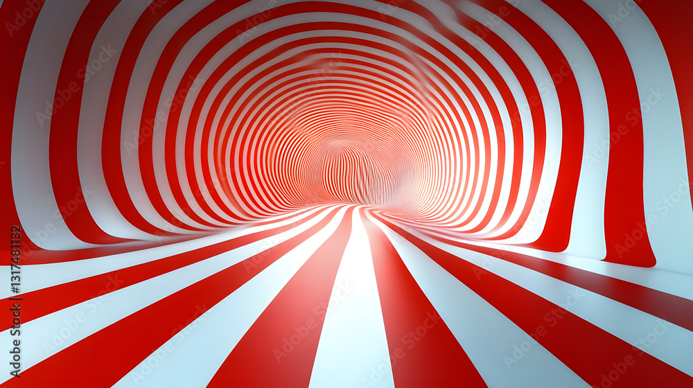 Fototapeta premium Optical Illusion: A swirling tunnel of red and white stripes creates a dizzying effect, leading the viewer into the unknown.