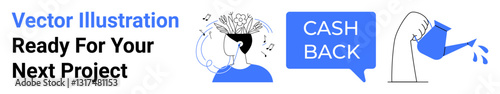 Human head filled with ideas, speech bubble labeled cash back, and watering can pouring. Ideal for creativity, finances, innovation, brainstorming, rewards, investments flat landing page banner