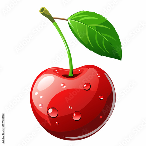 Realistic Cherry Illustration with Water Droplets. Fresh Red Fruit Digital Art. vector art illustration