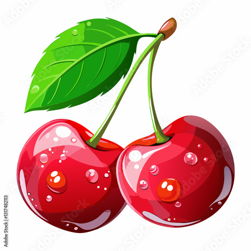 Realistic Cherry Illustration with Water Droplets. Fresh Red Fruit Digital Art. vector art illustration