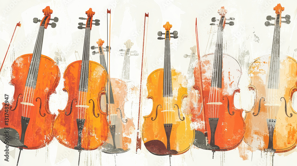 Naklejka premium Set of stringed musical instruments classical orchestra art sound tool and acoustic symphony stringed fiddle wooden equipment vector illustration