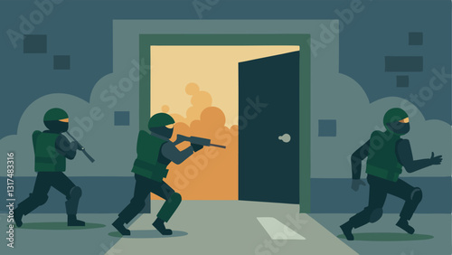 SWAT Team Breach A dynamic scene of a SWAT team breaching a door with a battering ram ready to enter a cell block during a riot with smoke and debris in the air.
