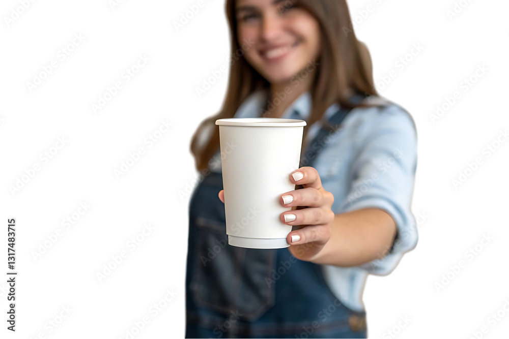 young woman with a cup of coffee, Disposable coffee cup held young woman with a cup of coffee, Disposable coffee cup held