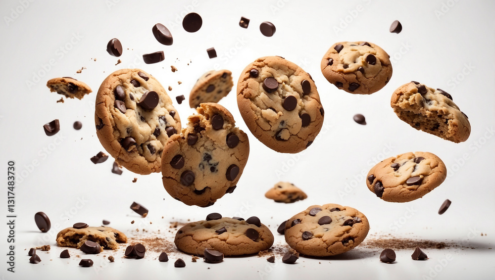 A Tempting Presentation of Falling Chocolate Chip Cookies Isolated on a White Background for a Sweet Treat A Tempting Presentation of Falling Chocolate Chip Cookies Isolated on a White Background for a Sweet Treat