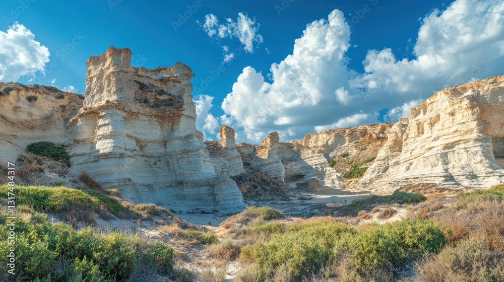 Scenic landscape featuring eroded cliffs and a blue sky with clouds Scenic landscape featuring eroded cliffs and a blue sky with clouds