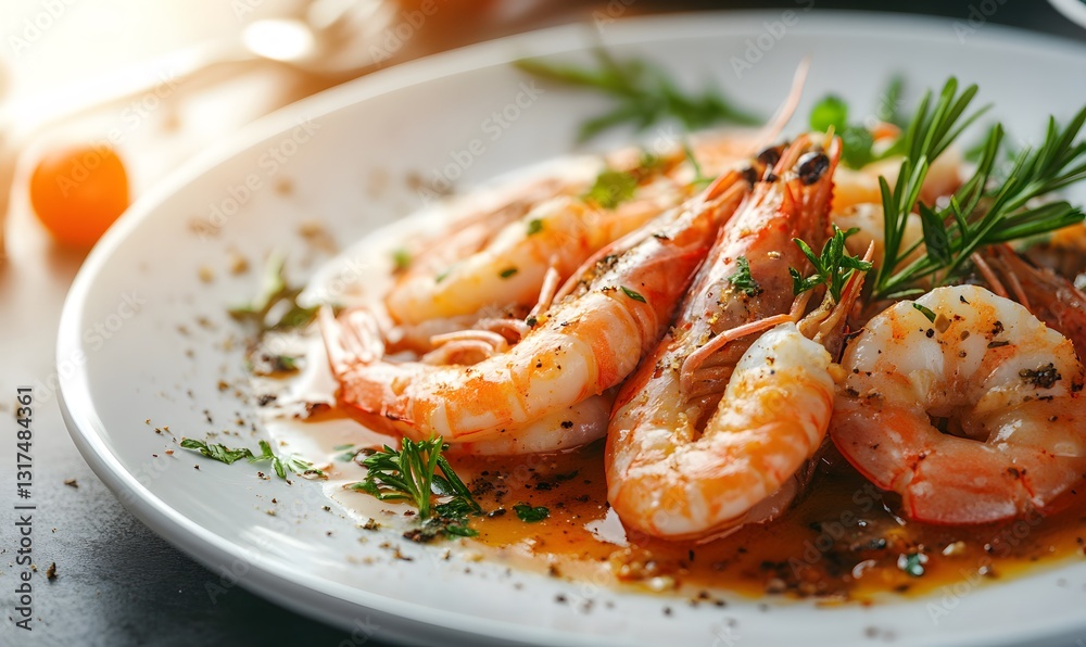 Delicious Sauteed Shrimp Dish with Herbs and Spices on White Plate Delicious Sauteed Shrimp Dish with Herbs and Spices on White Plate