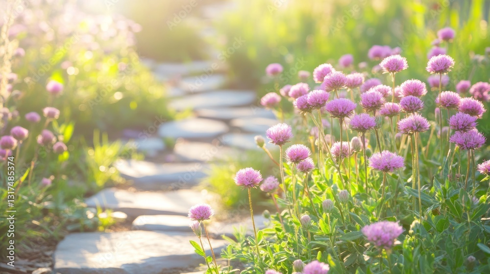 Fototapeta premium Serene Garden Path at Sunset: Blooming Pink Flowers and Stone Walkway