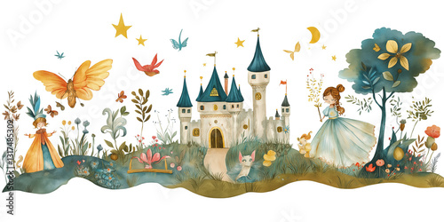 Fairy tale castle. Seamless border with fairy tale castle and princess. 