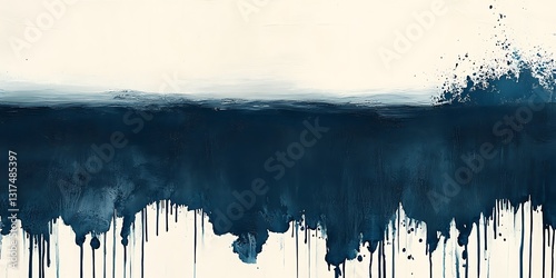 Abstract blue landscape painting, drips, white background