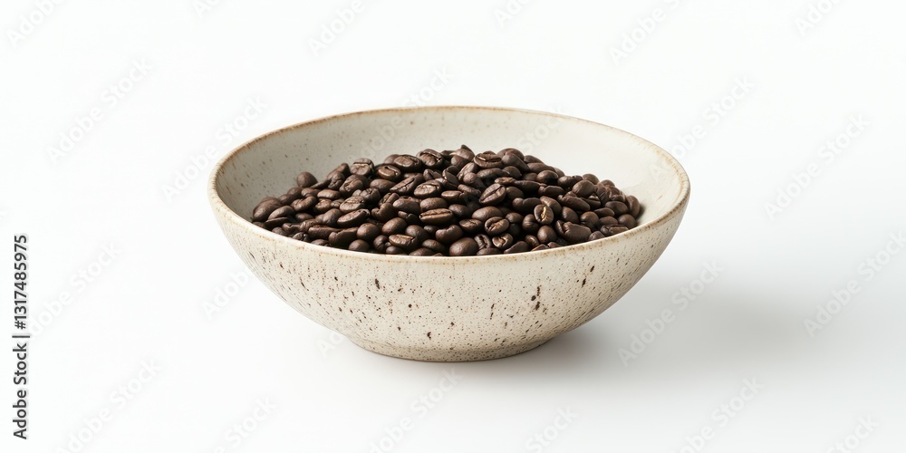 Roasted coffee beans in bowl, white background, studio shot, food photography Roasted coffee beans in bowl, white background, studio shot, food photography