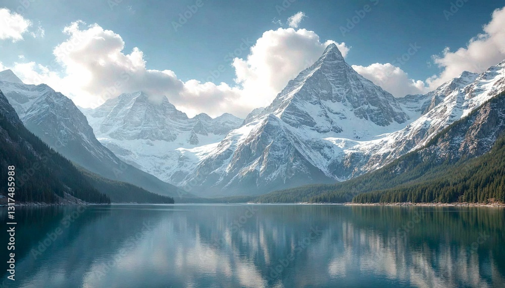 Naklejka premium Serene Lake with Snow-Capped Peaks and Forests