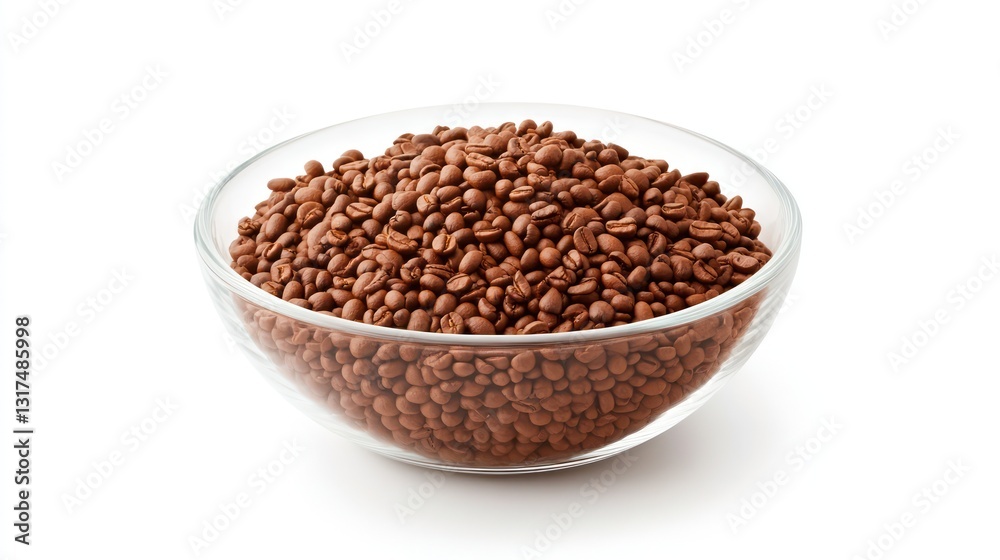 Roasted coffee beans in glass bowl, white background. Food photography for website, packaging Roasted coffee beans in glass bowl, white background. Food photography for website, packaging