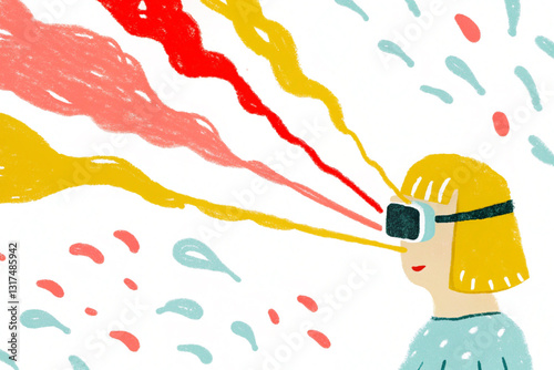 A young girl with short orange hair wears a VR headset, 