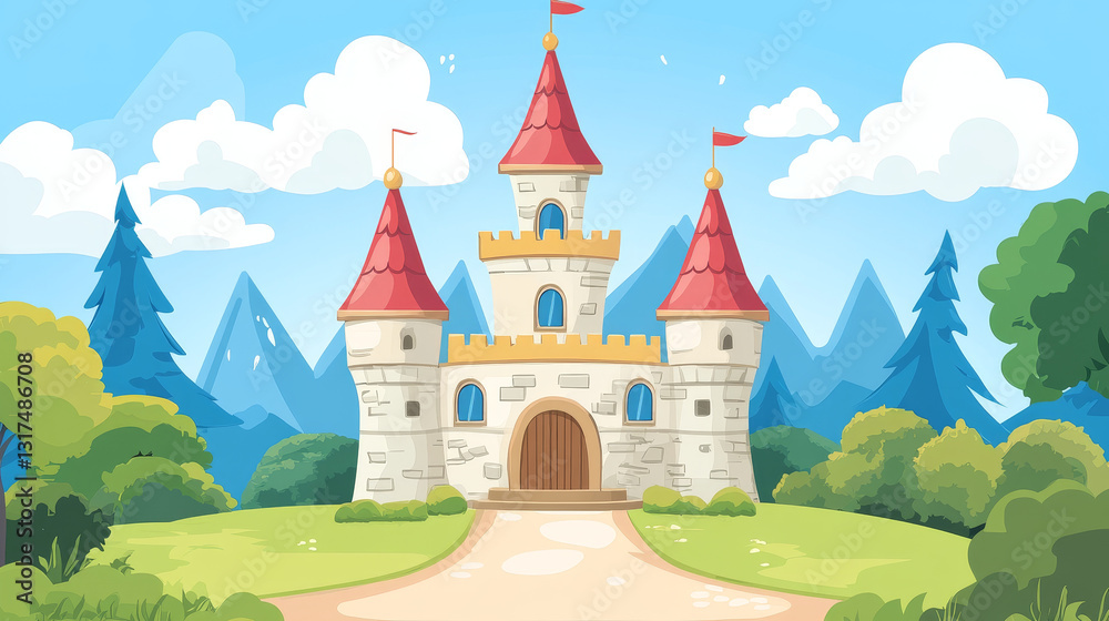 Naklejka premium Cartoon castle vector fairytale medieval tower of fantasy palace building in kingdom fairyland illustration towering set of historical fairy-tale towered house isolated on white background