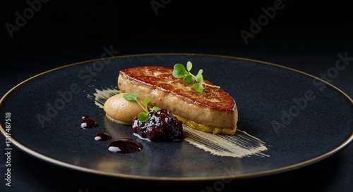 Foie gras torchon with fig compote on elegant dark plate for gourmet restaurant menus, fine dining blogs, culinary photography, and luxury food marketing