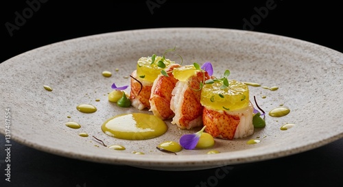 Lobster medallion with citrus gel artistically plated for fine dining restaurants, gourmet food blogs, culinary competitions, restaurant menus, and upscale seafood menu design