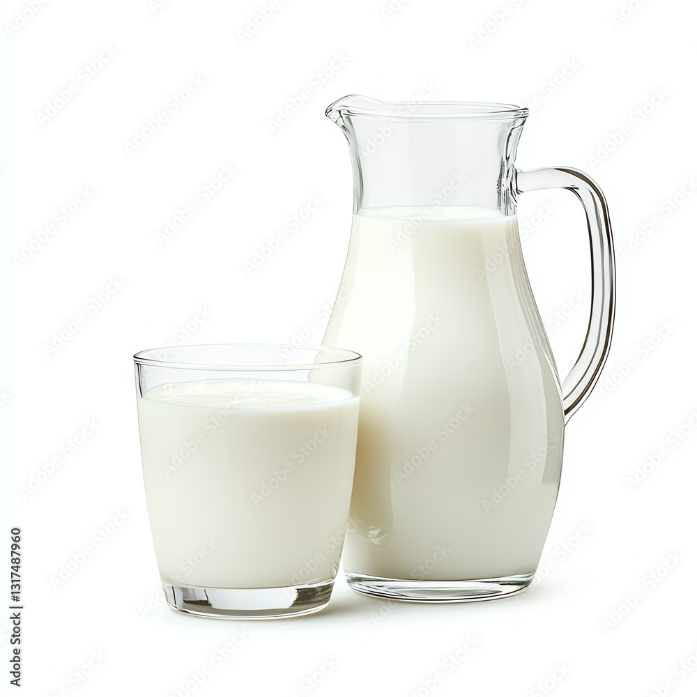 A clear glass pitcher filled with fresh milk next to a glass of milk. The composition highlights the smooth texture and creamy appearance, ideal for food and beverage themes. A clear glass pitcher filled with fresh milk next to a glass of milk. The composition highlights the smooth texture and creamy appearance, ideal for food and beverage themes.