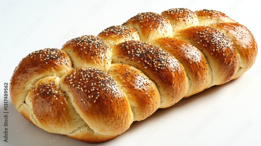 Decorative challah bread with golden crust and seeds on a white background Decorative challah bread with golden crust and seeds on a white background