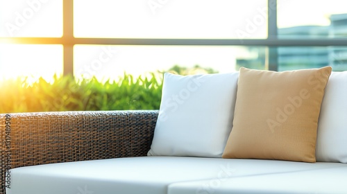 A cozy outdoor lounge area featuring a white sofa with a soft cushion, bathed in warm sunlight. Perfect for relaxation and enjoying tranquil moments in a serene environment.