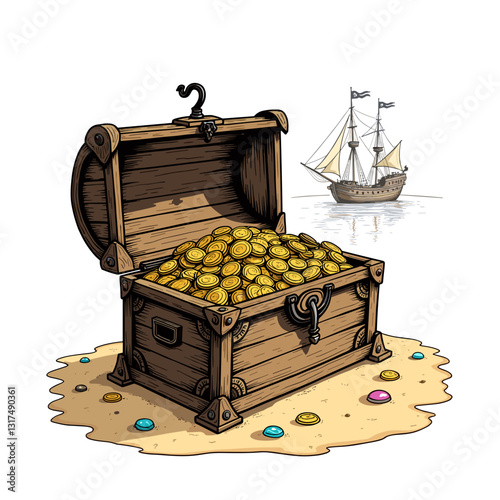 Treasure chest overflowing with gold coins on sandy beach, adventure