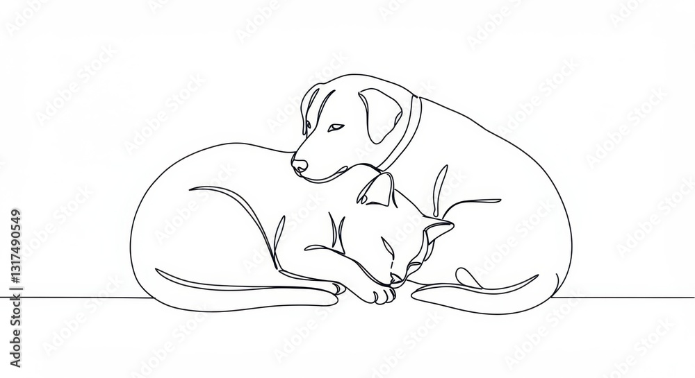 Obraz premium Curled Up Cat and Dog Minimalist Illustration