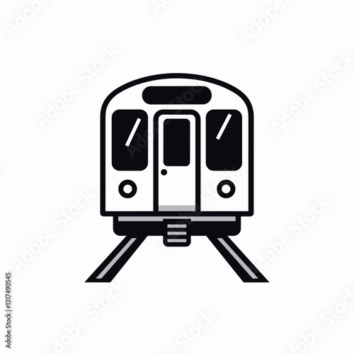 Subway train graphic in black and white on white background, urban transport