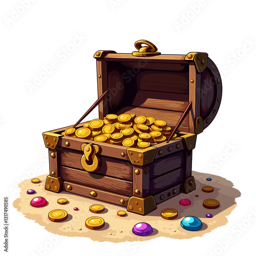 Treasure chest overflowing with gold coins and jewels, adventure awaits