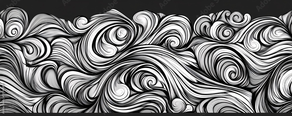 Fototapeta premium Doodle-inspired black-and-white abstract waves, seamless background