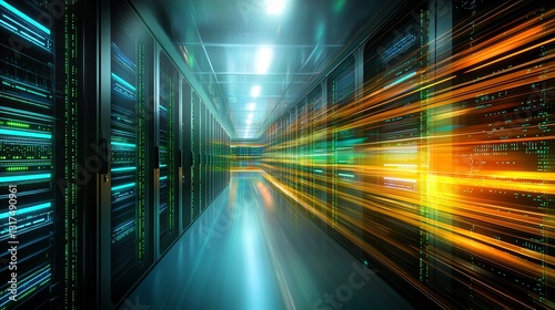 A futuristic data center corridor illuminated by vibrant lights and servers, showcasing high-speed data transfer and advanced technology in a modern computing environment.