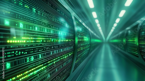 A futuristic digital corridor illuminated with glowing green binary code. This captivating scene represents the innovation and advancement in the field of technology and data.