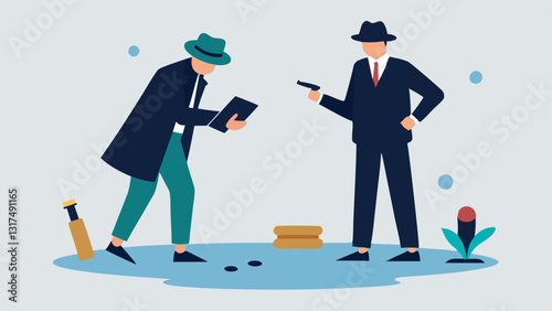 Teamwork Two detectives discussing findings one pointing to a bullet casing on the ground while the other takes notes with a notepad in hand.
