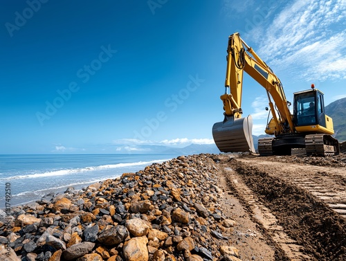 A powerful excavator works near the shoreline, reshaping the landscape by the beach. The bright blue sky and calm ocean create a stunning backdrop for this industrial scene.