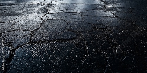 Cracked asphalt road surface, wet, dark