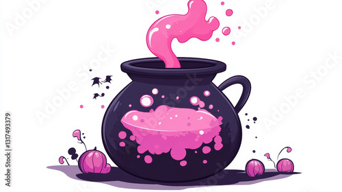 Cartoon halloween witches cauldron with pink bubbling cooking art magic pot and brew design holiday party potion vector illustration.
