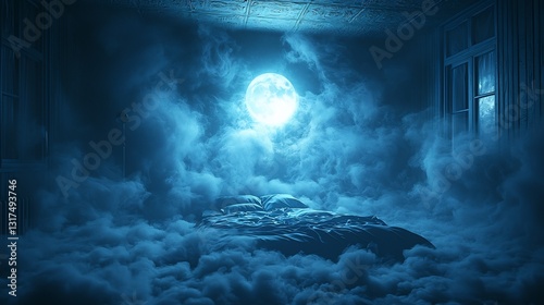 Darkened room with a sleeper gasping for breath the air being visually pulled away creating a sense of panic as they experience a sleep apnea episode lit only by a faint moon