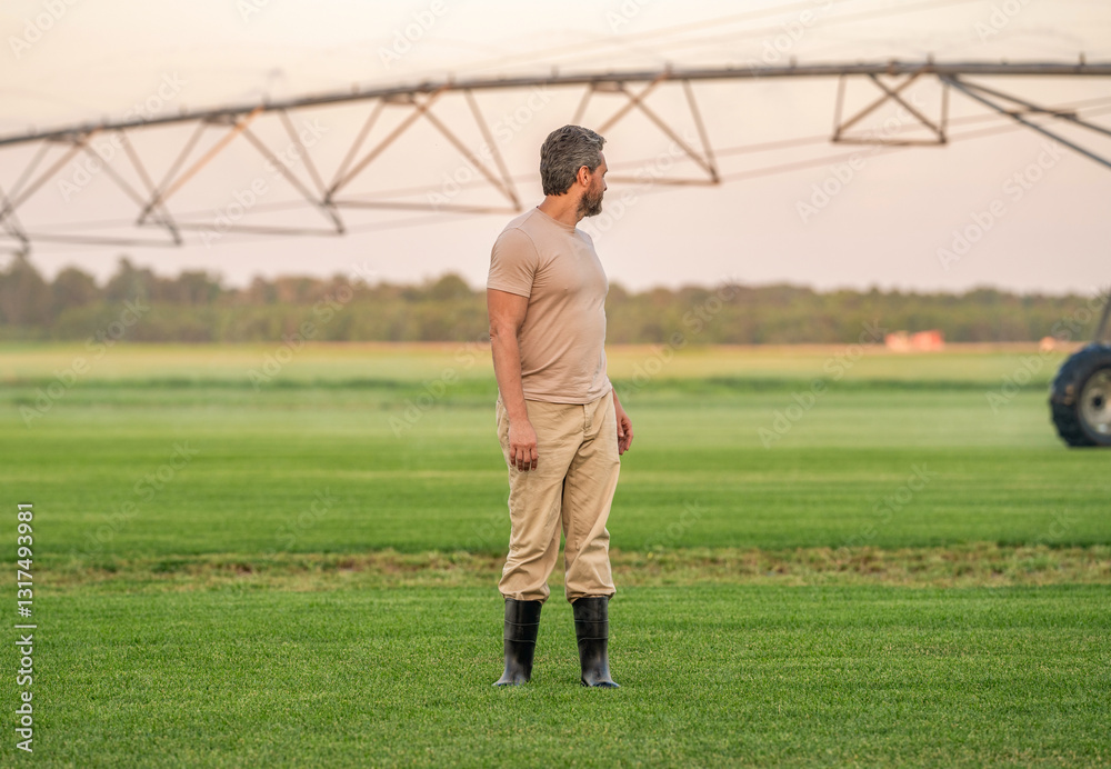 Obraz premium Agriculture and farming. Man at irrigation system watering agricultural field. Farmer man. Water sprinkler irrigating crop field. Drip irrigation system. Crop irrigation. Cultivation and harvest