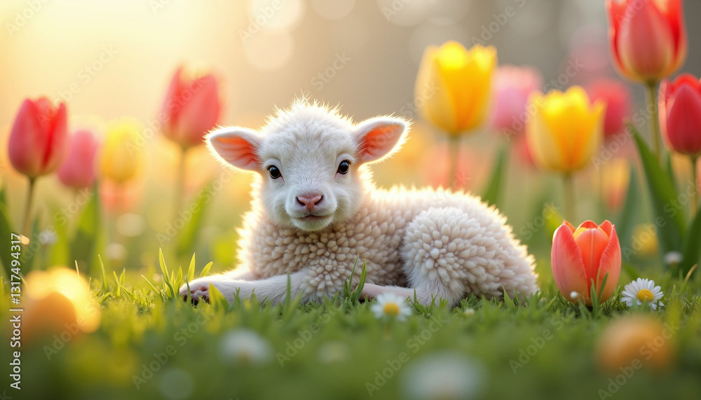 Obraz premium Lamb relaxing in colorful tulip field